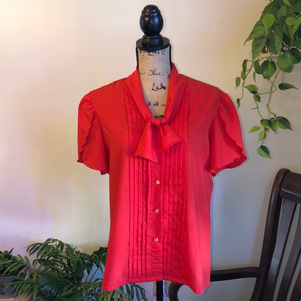 Vintage Judy Bond Tie Neck Button Down Blouse Top